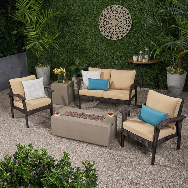 slide 2 of 7, Kalo Outdoor 4 Seater Wicker Chat Set with Fire Pit by Christopher Knight Home Brown+Tan+Light Gray