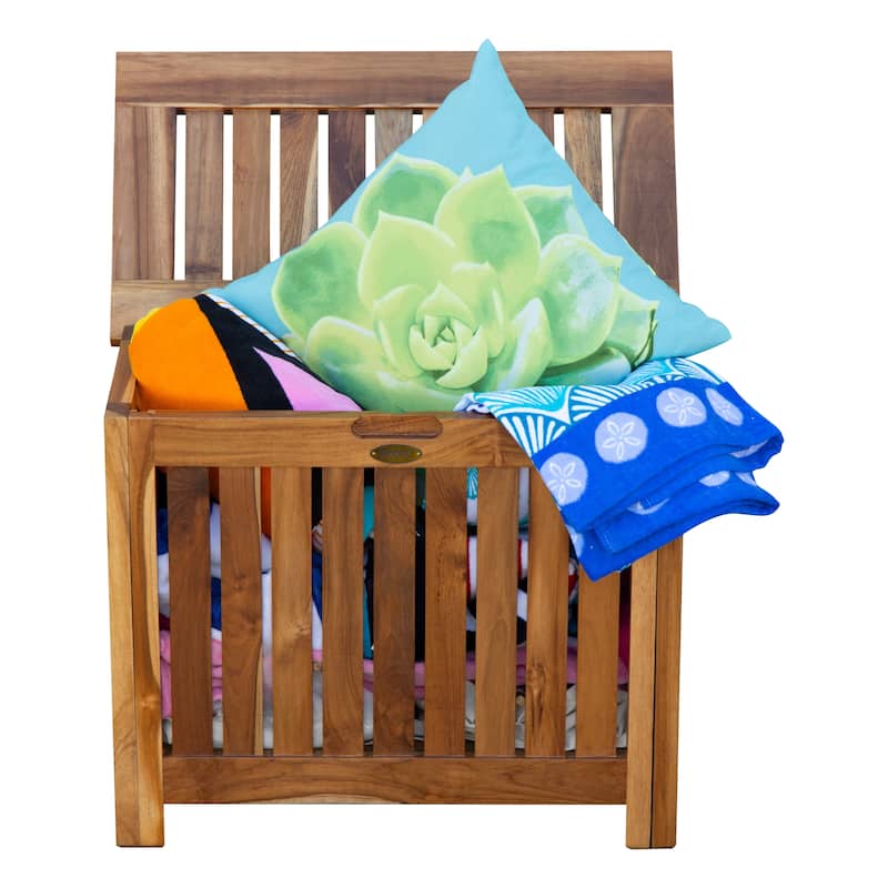 EcoDecors Solid Teak Slatted Bench Hamper with Laundry Bag in EarthyTeak Finish