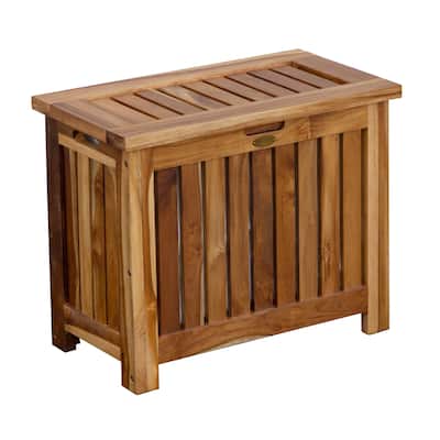 EcoDecors Solid Teak Slatted Bench Hamper with Laundry Bag in EarthyTeak Finish