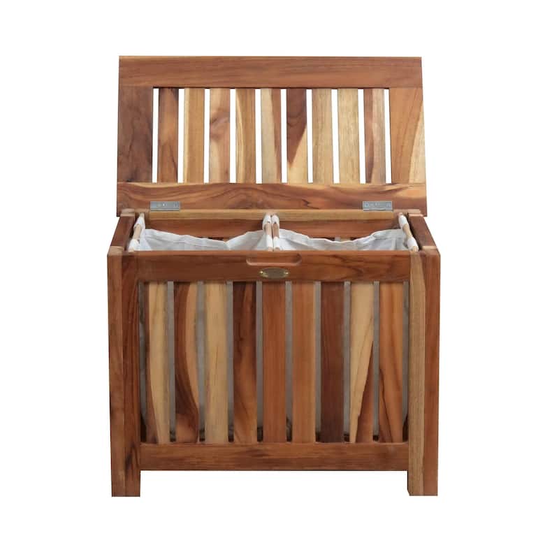 EcoDecors Solid Teak Slatted Bench Hamper with Laundry Bag in EarthyTeak Finish