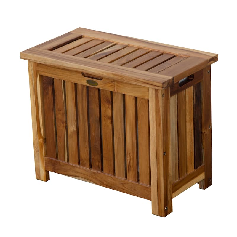 EcoDecors Solid Teak Slatted Bench Hamper with Laundry Bag in EarthyTeak Finish