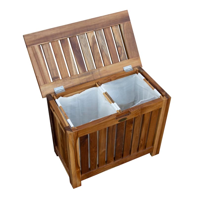 EcoDecors Solid Teak Slatted Bench Hamper with Laundry Bag in EarthyTeak Finish