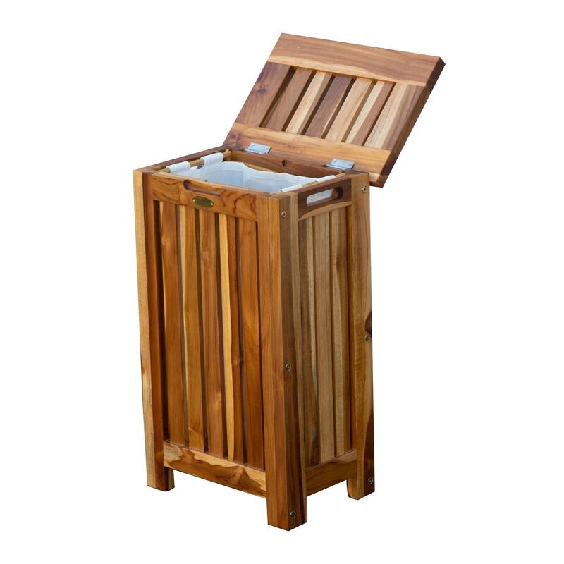 EcoDecors Solid Teak Slatted Apartment Hamper with Laundry Bag in EarthyTeak Finish