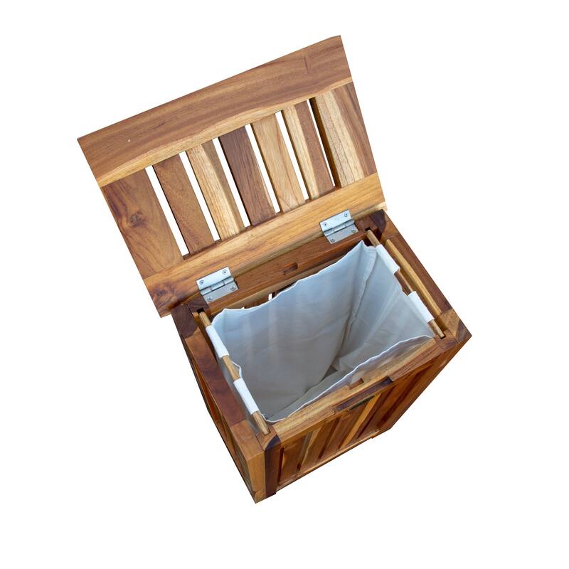 EcoDecors Solid Teak Slatted Apartment Hamper with Laundry Bag in EarthyTeak Finish