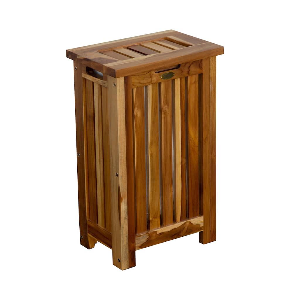 EcoDecors Solid Teak Slatted Apartment Hamper with Laundry Bag in EarthyTeak Finish