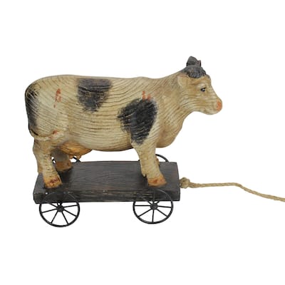 10.25" Black and White Wood Textured Cow on Cart Outdoor Garden Statue