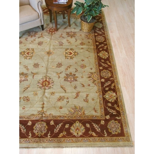slide 2 of 5, Mint green/brown Hand-knotted Wool Traditional Agra Rug - 9' x 11'10