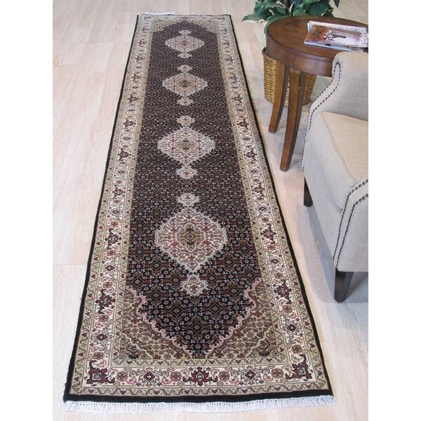slide 2 of 5, Black/red Hand-knotted Wool Traditional Mahi Tabriz Rug - 2' 7 x 12' 1