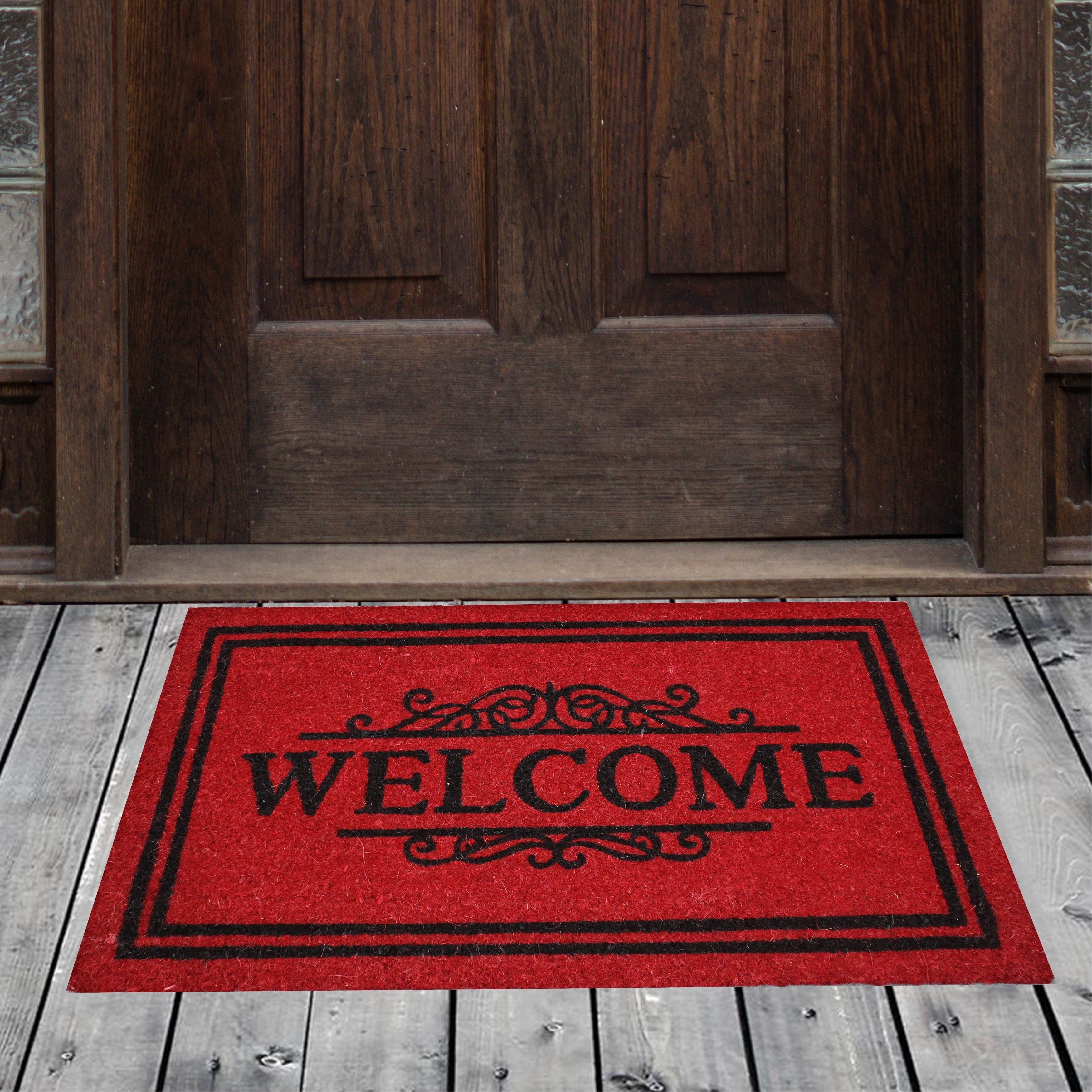 Porch Den Homestead Bordered Welcome Red Black Coir Doormat 20 X 31