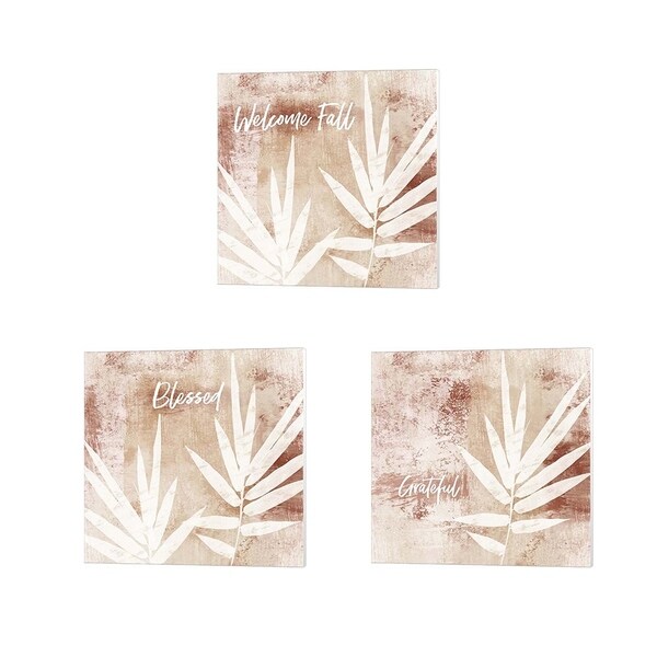 Linda Woods 'Blessed, Grateful & Thankful Fall Leaf v2' Canvas Art (Set of 3)