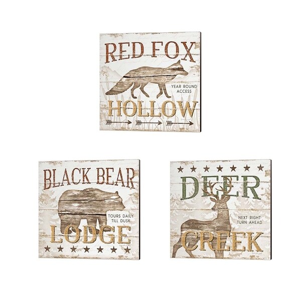 Jennifer Pugh 'Deer Creek, Black Bear Lodge & Red Fox Hoolow' Canvas Art (Set of 3)
