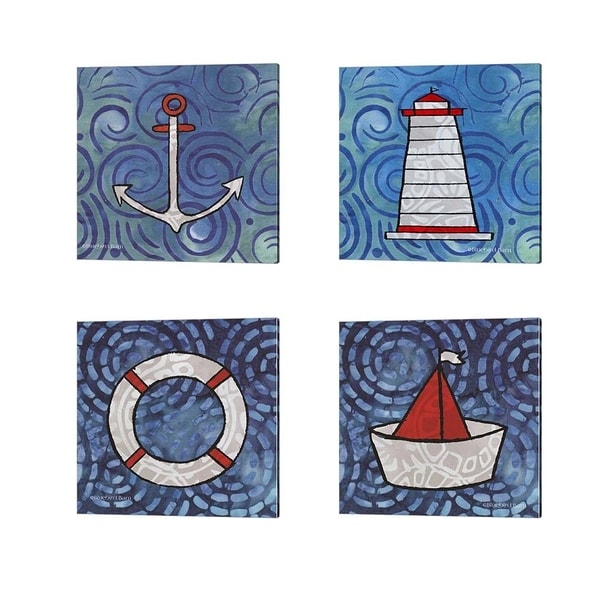 Bluebird Barn 'Whimsy Coastal Anchor, Conch Lighthouse, Ring Buoy & Sailboat' Canvas Art (Set of 4)