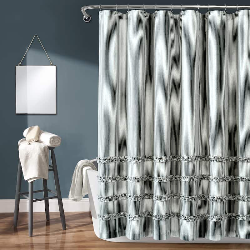 The Gray Barn Done Roamin Striped Yarn Dyed Cotton Shower Curtain - Denim Blue
