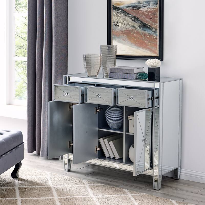 SEI Furniture Marter Glam Silver Mirror 3-Door Cabinet