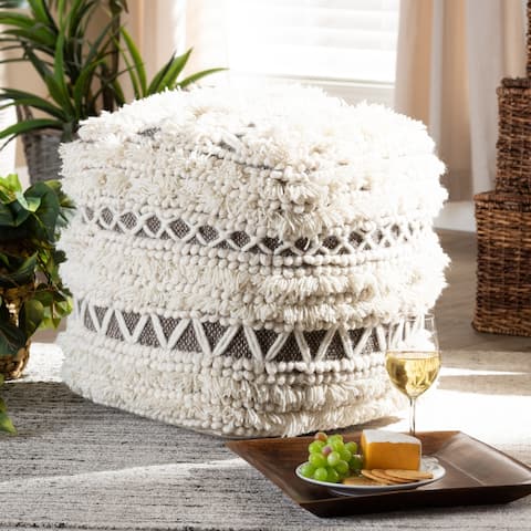 Vesey Moroccan Inspired Beige and Brown Handwoven Wool Pouf Ottoman