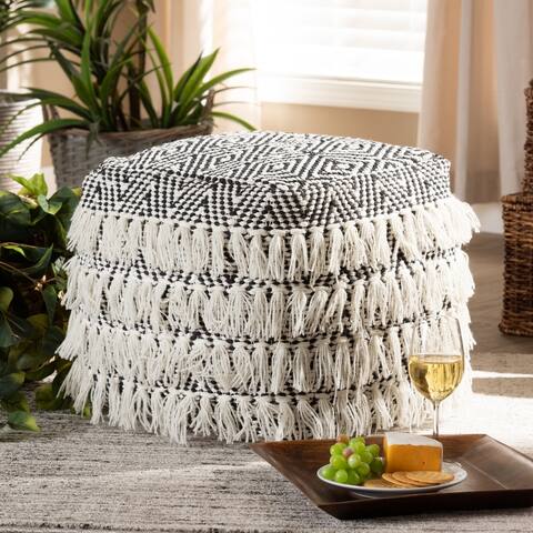 The Curated Nomad Koroh Moroccan Black and Ivory Handwoven Pouf Ottoman