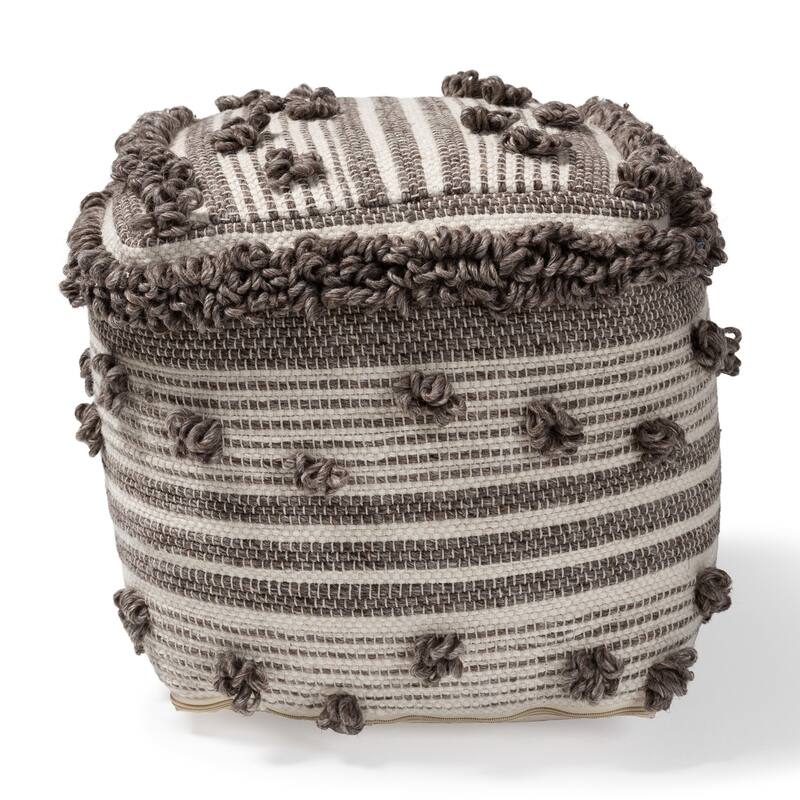 The Curated Nomad Koroh Moroccan Ivory and Brown Handwoven Wool Pouf Ottoman