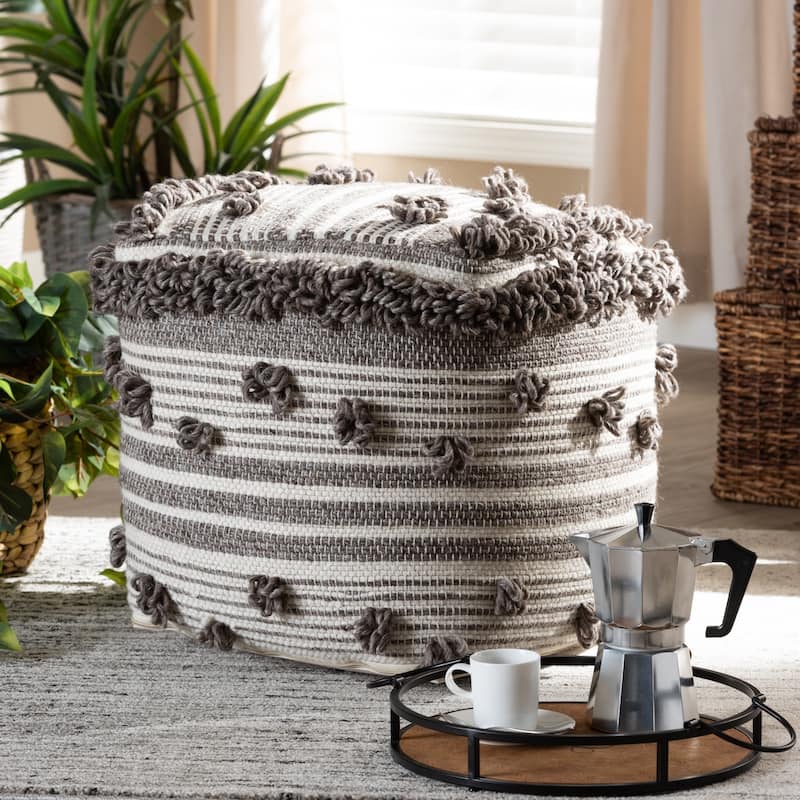 The Curated Nomad Koroh Moroccan Ivory and Brown Handwoven Wool Pouf Ottoman