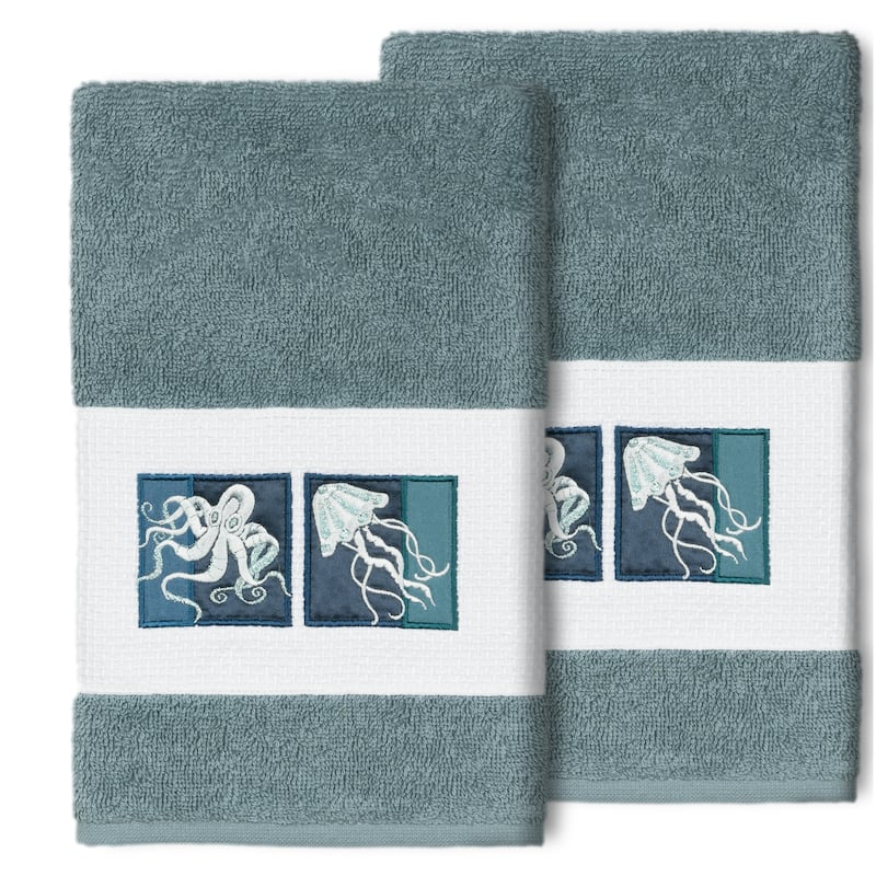 Authentic Hotel and Spa 100% Turkish Cotton AVA 2PC Embellished Hand Towel Set - Teal