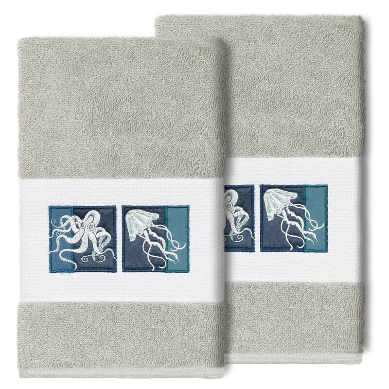 Authentic Hotel and Spa 100% Turkish Cotton AVA 2PC Embellished Hand Towel Set - Light Gray