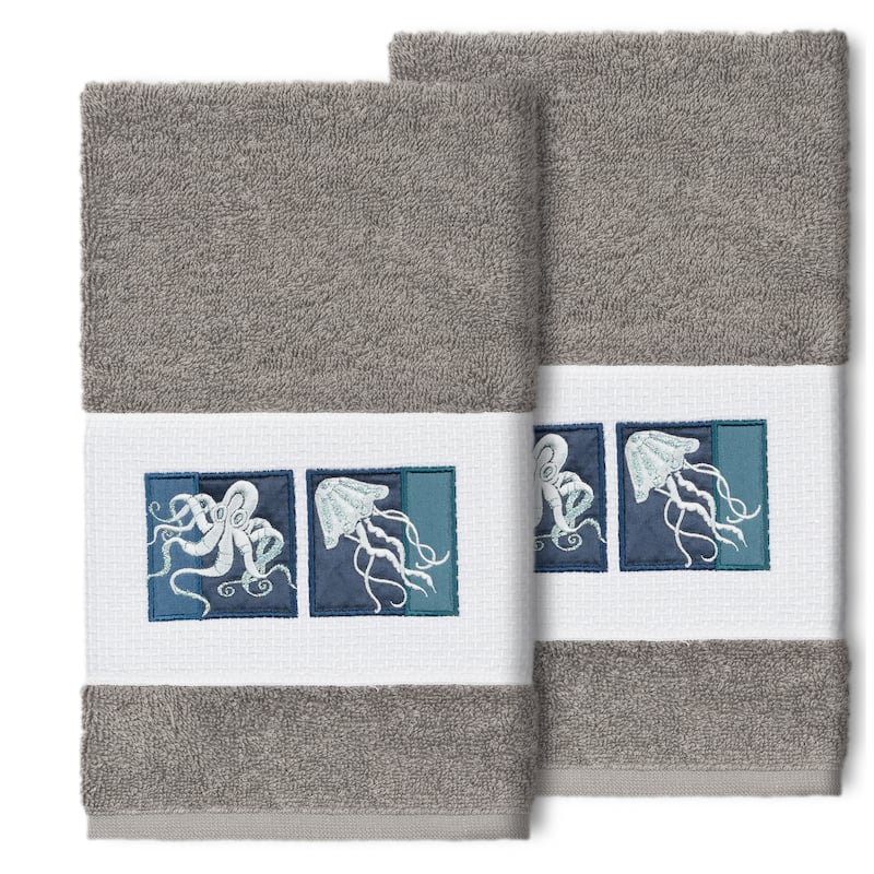Authentic Hotel and Spa 100% Turkish Cotton AVA 2PC Embellished Hand Towel Set - Dark Gray