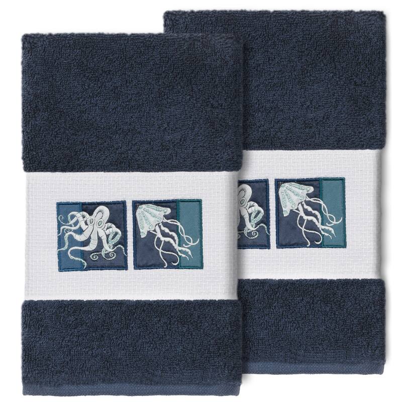 Authentic Hotel and Spa 100% Turkish Cotton AVA 2PC Embellished Hand Towel Set - Midnight Blue