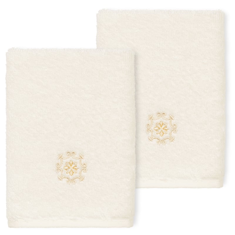Authentic Hotel and Spa 100% Turkish Cotton Alyssa 2PC Embellished Washcloth Set - Cream