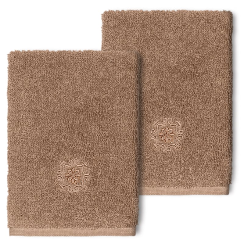 Authentic Hotel and Spa 100% Turkish Cotton Alyssa 2PC Embellished Washcloth Set - Latte