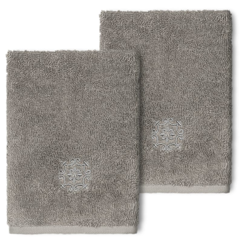Authentic Hotel and Spa 100% Turkish Cotton Alyssa 2PC Embellished Washcloth Set - Dark Gray