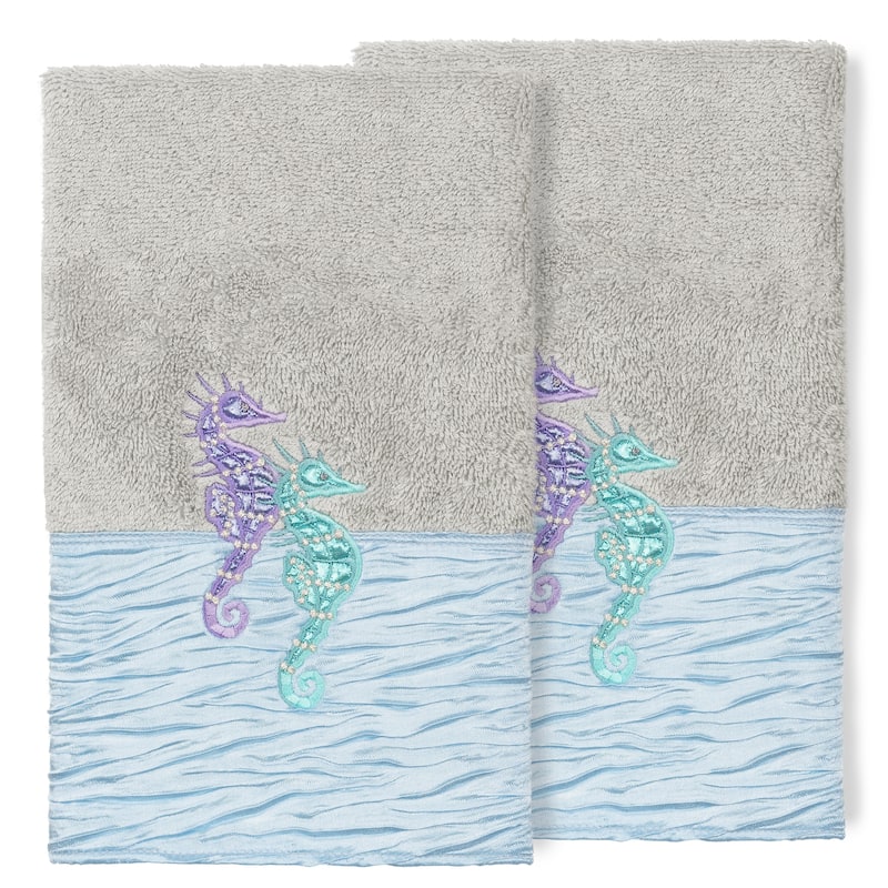 Porch & Den Palmire Turkish Cotton Seahorse Embroidered Hand Towel (Set of 2) - Light Gray