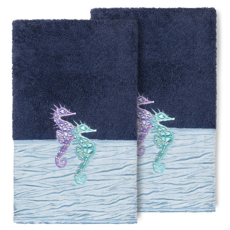 Porch & Den Palmire Turkish Cotton Seahorse Embroidered Hand Towel (Set of 2) - Midnight Blue