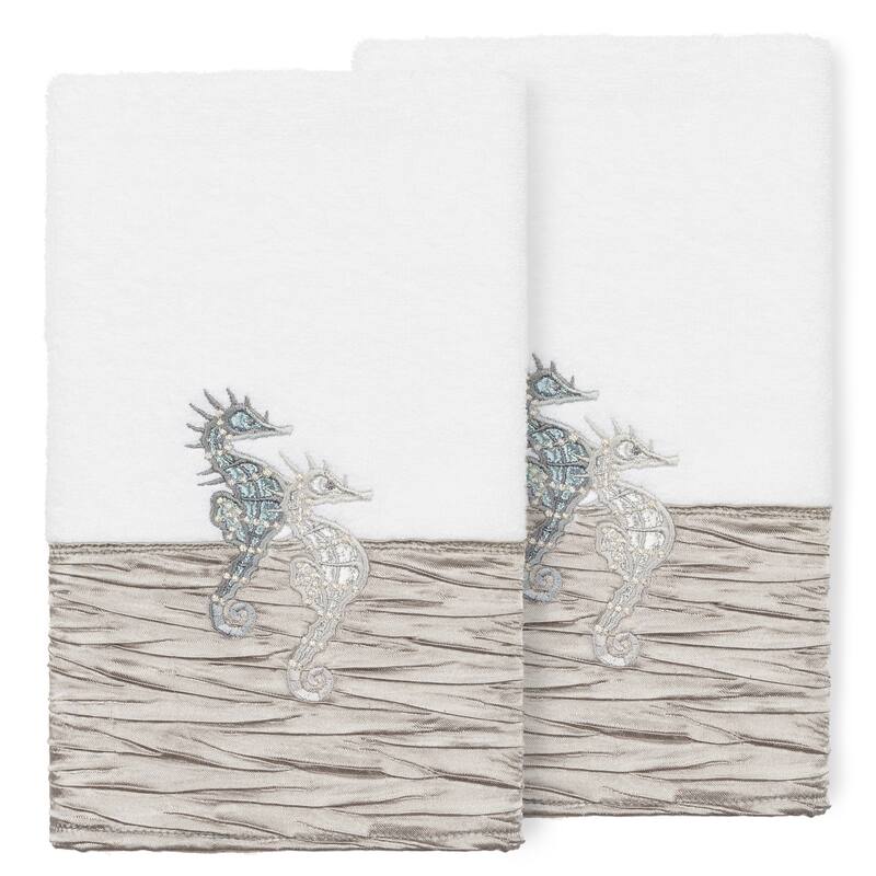 Porch & Den Palmire Turkish Cotton Seahorse Embroidered Hand Towel (Set of 2) - White / Gray