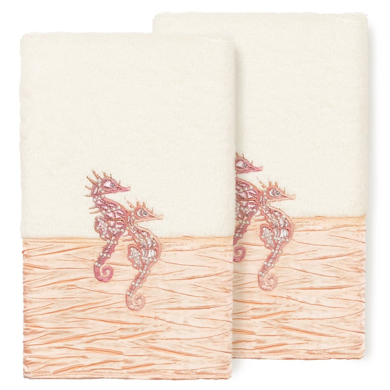 Porch & Den Palmire Turkish Cotton Seahorse Embroidered Hand Towel (Set of 2) - Cream