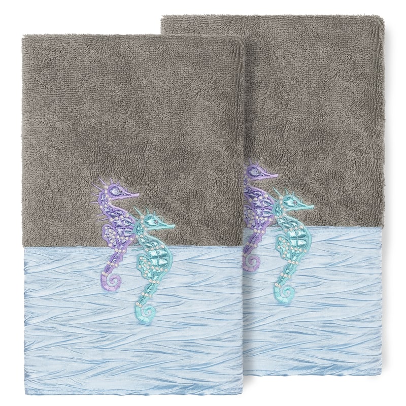 Porch & Den Palmire Turkish Cotton Seahorse Embroidered Hand Towel (Set of 2) - Dark Gray
