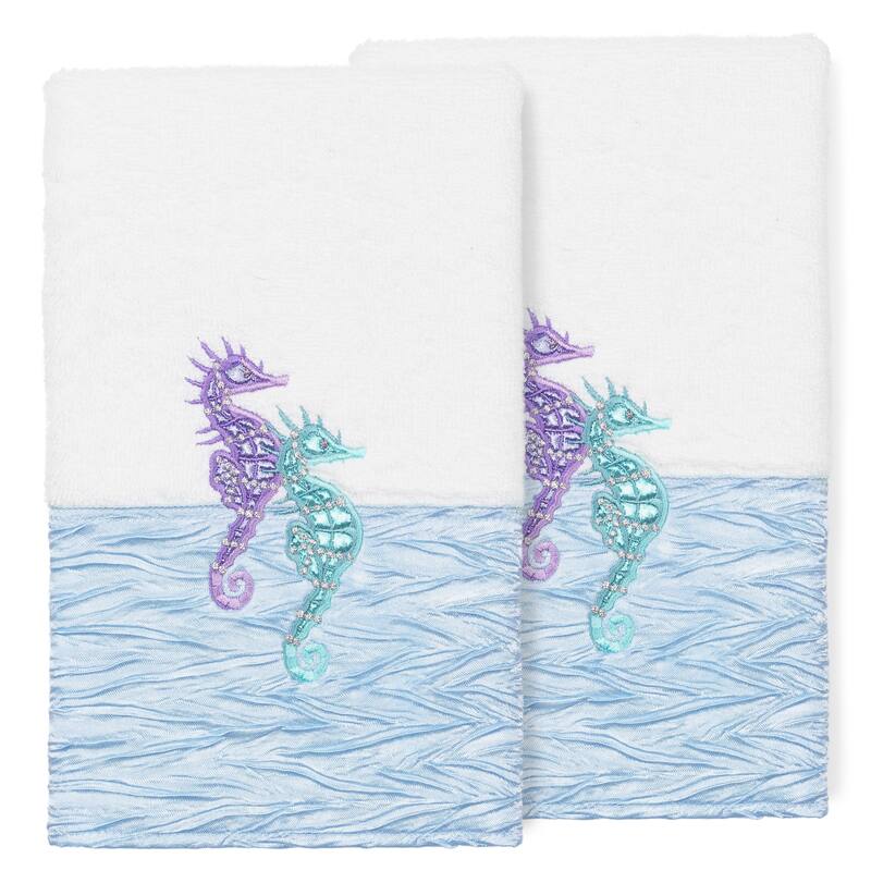 Porch & Den Palmire Turkish Cotton Seahorse Embroidered Hand Towel (Set of 2) - White / Blue