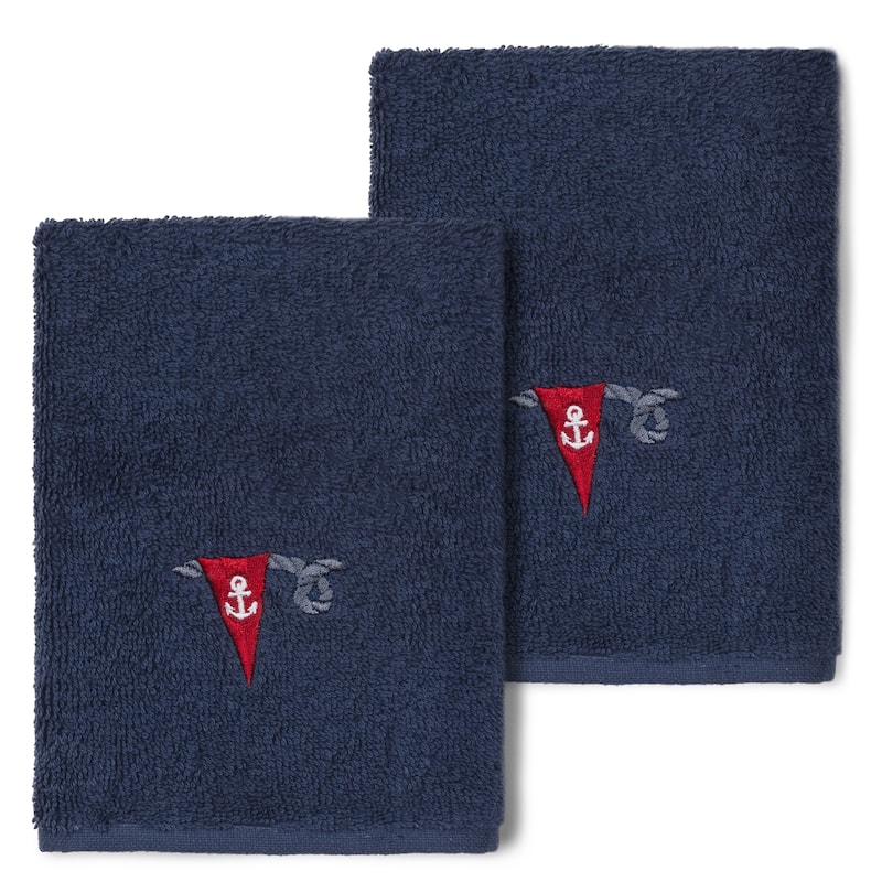 Authentic Hotel and Spa 100% Turkish Cotton Ethan 2PC Embellished Washcloth Set - Midnight Blue
