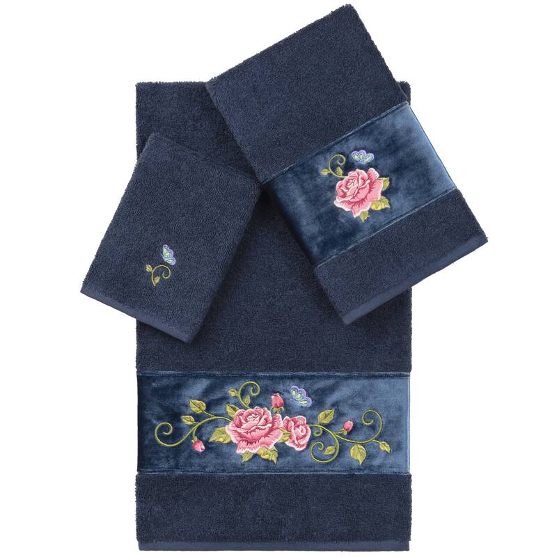 Authentic Hotel and Spa 100% Turkish Cotton Rebecca 3PC Embellished Towel Set - Midnight Blue