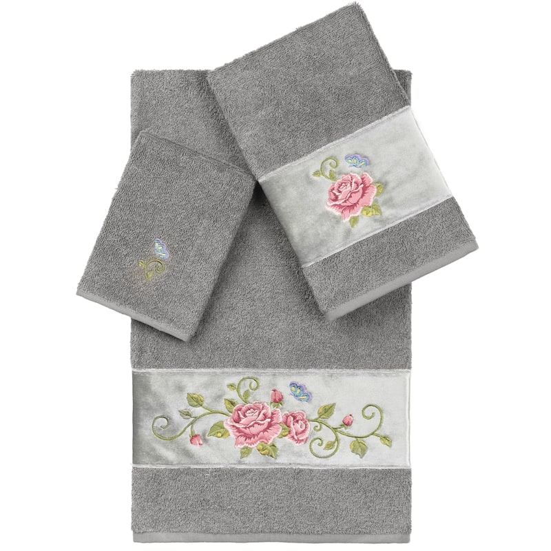 Authentic Hotel and Spa 100% Turkish Cotton Rebecca 3PC Embellished Towel Set - Dark Gray