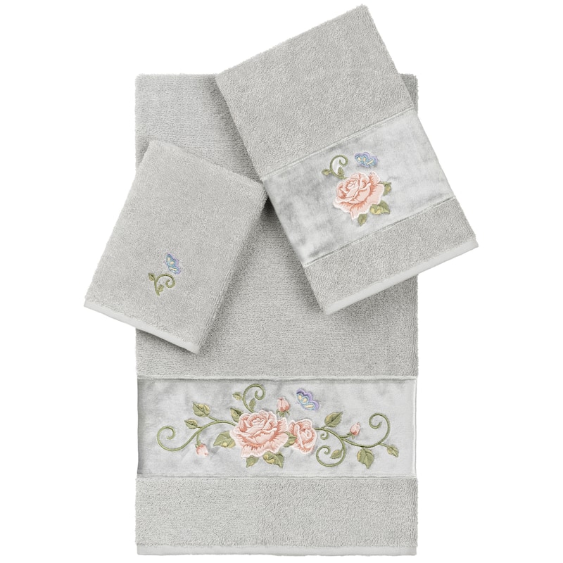 Authentic Hotel and Spa 100% Turkish Cotton Rebecca 3PC Embellished Towel Set - Light Gray