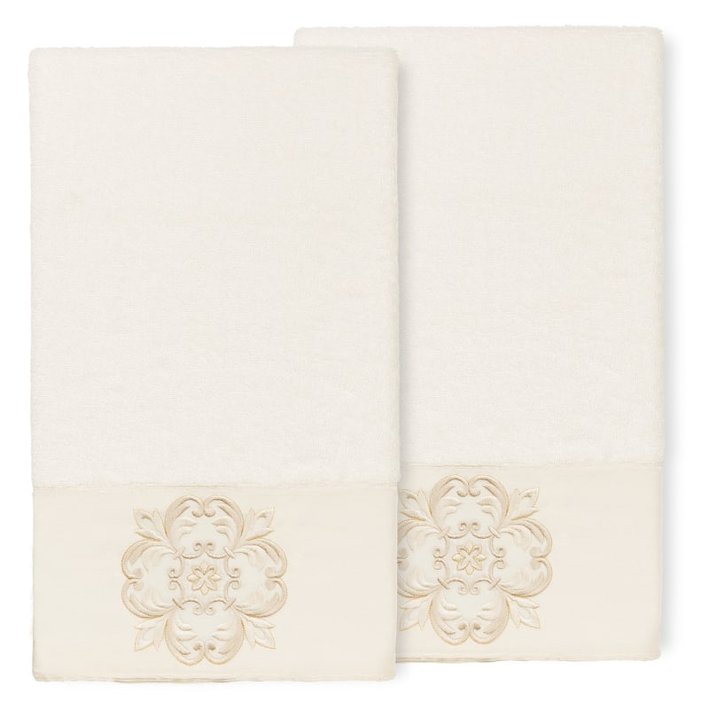 Authentic Hotel and Spa 100% Turkish Cotton Alyssa 2PC Embellished Bath Towel Set - Cream