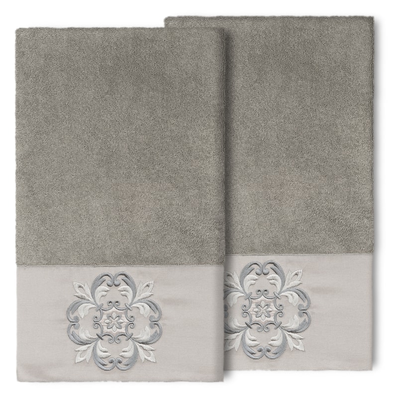 Authentic Hotel and Spa 100% Turkish Cotton Alyssa 2PC Embellished Bath Towel Set - Dark Gray
