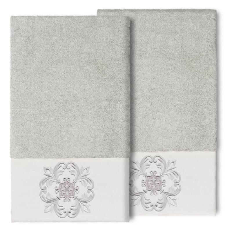 Authentic Hotel and Spa 100% Turkish Cotton Alyssa 2PC Embellished Bath Towel Set - Light Gray