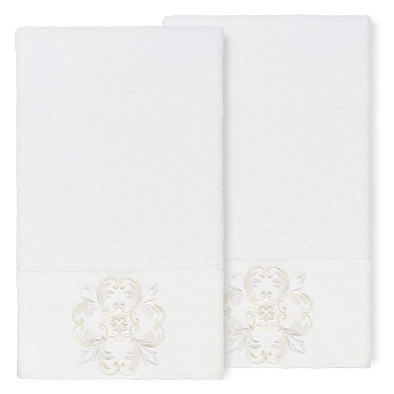 Authentic Hotel and Spa 100% Turkish Cotton Alyssa 2PC Embellished Bath Towel Set - White