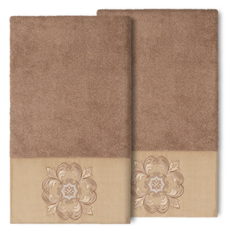 Authentic Hotel and Spa 100% Turkish Cotton Alyssa 2PC Embellished Bath Towel Set - Latte