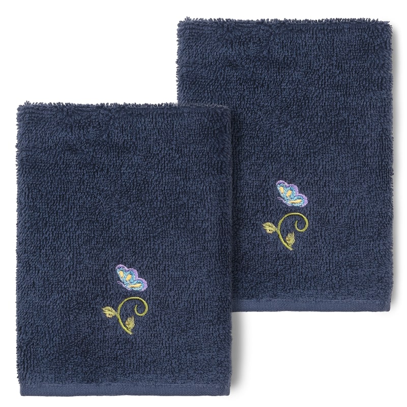 Authentic Hotel and Spa 100% Turkish Cotton Rebecca 2PC Embellished Washcloth Set - Midnight Blue