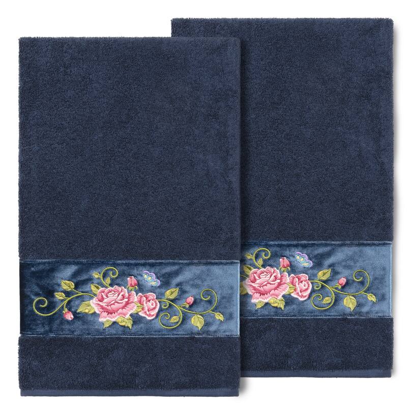Authentic Hotel and Spa 100% Turkish Cotton Rebecca 2PC Embellished Bath Towel Set - Midnight Blue