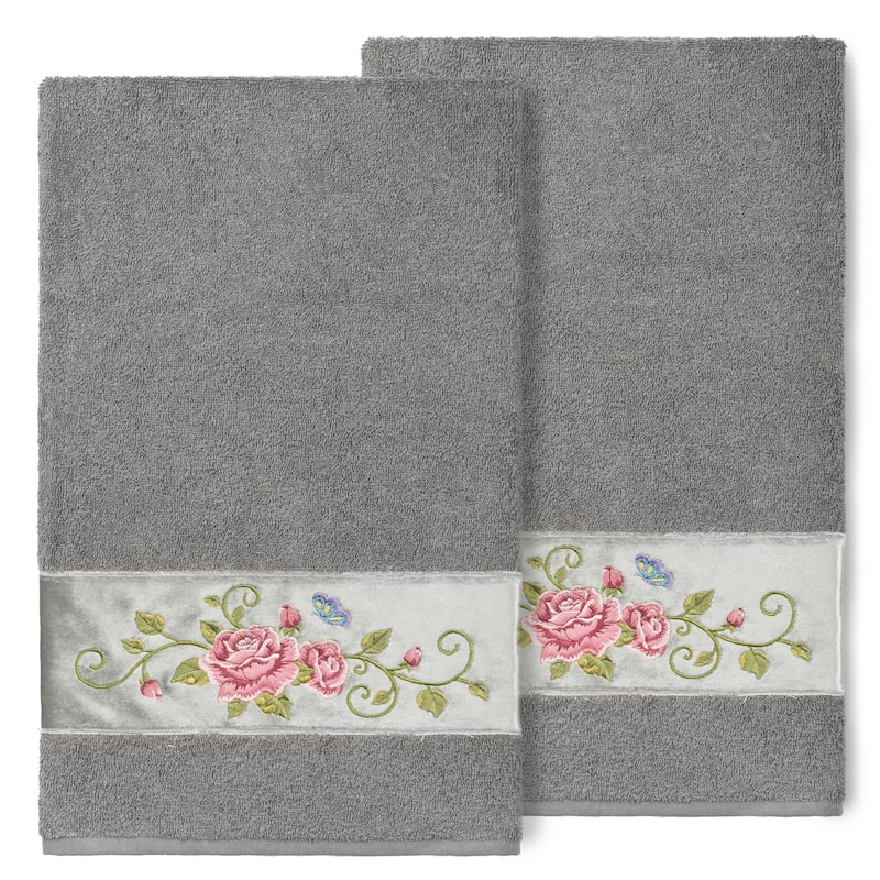 Authentic Hotel and Spa 100% Turkish Cotton Rebecca 2PC Embellished Bath Towel Set - Dark Gray