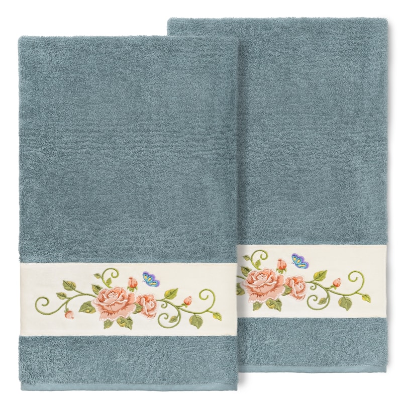 Authentic Hotel and Spa 100% Turkish Cotton Rebecca 2PC Embellished Bath Towel Set - Teal