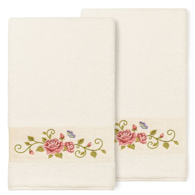 Authentic Hotel and Spa 100% Turkish Cotton Rebecca 2PC Embellished Bath Towel Set - Cream