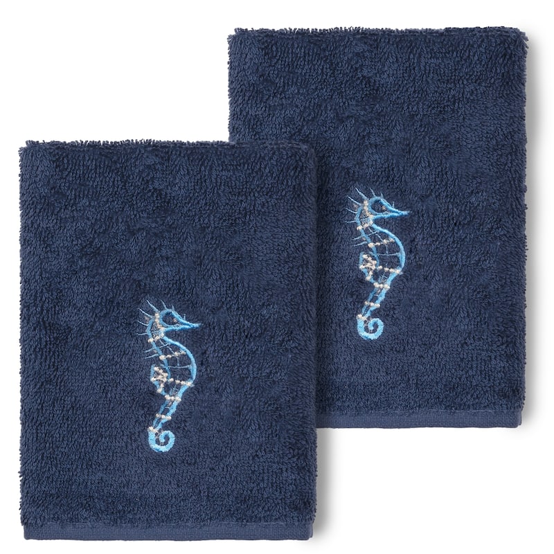 Authentic Hotel and Spa 100% Turkish Cotton Sofia 2PC Embellished Washcloth Set - Midnight Blue